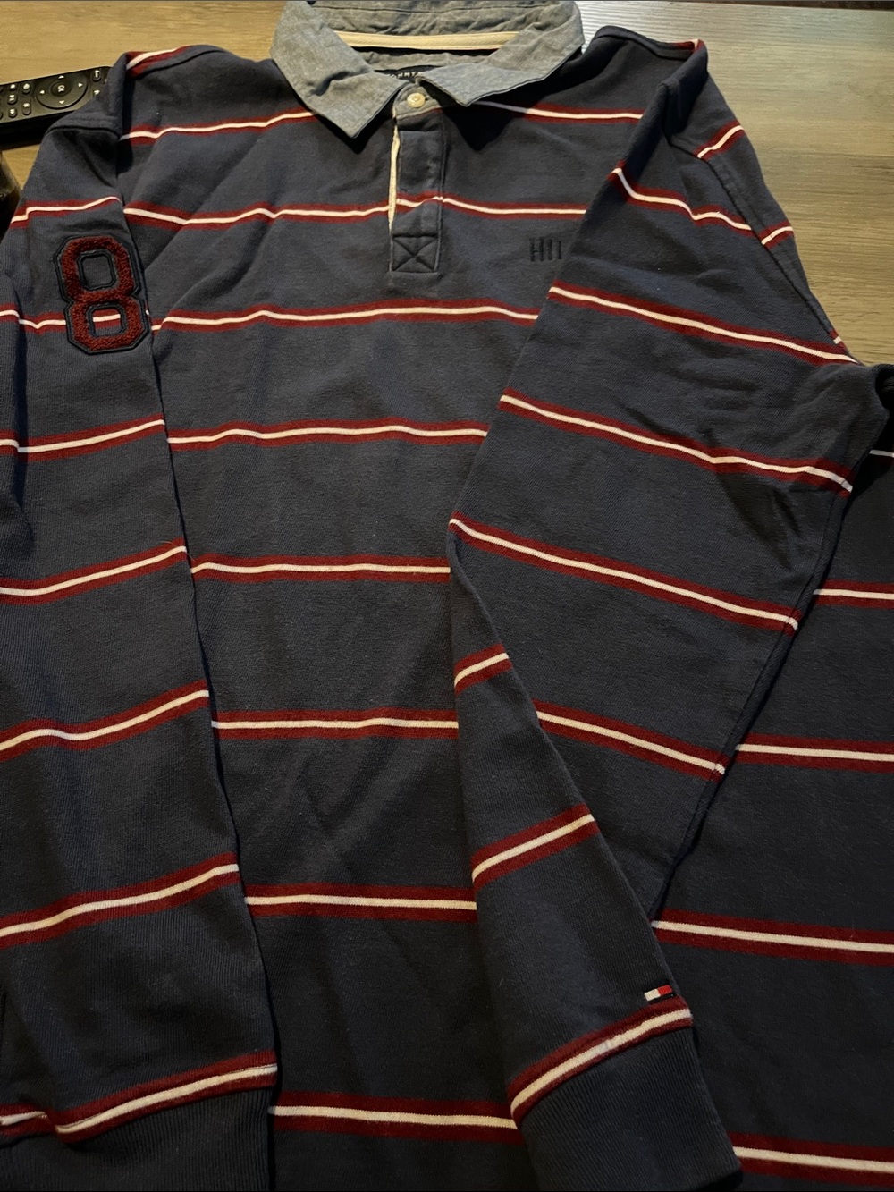 #A320 Tommy Hilfiger Navy Rugby Sweater with Red and White Stripes